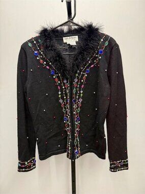 Jack B Quick Black Embellished Faux Fur Trim Cardigan Sweater